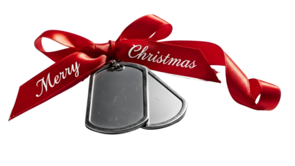 Military dog tags tied with festive red Merry Christmas ribbon and bow isolated PNG with Transparent Background