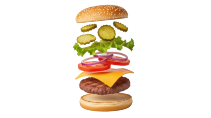 Deconstructed burger with beef patty and fresh ingredients isolated PNG, delicious fast food on transparent background