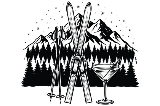 Vintage black and white illustration featuring crossed skis poles and a martini glass against mountains