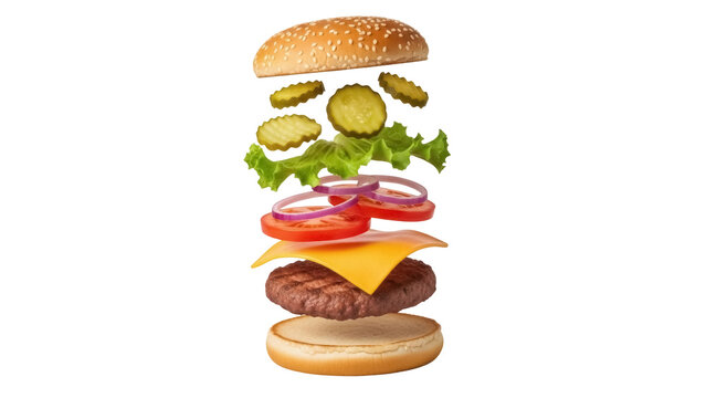 Deconstructed burger with beef patty and fresh ingredients isolated PNG, delicious fast food on transparent background