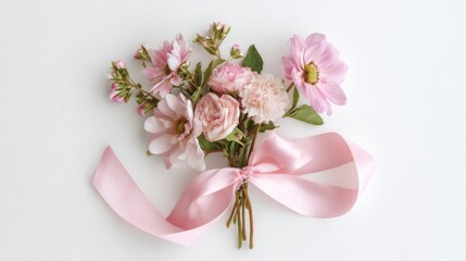 Elegant Pink Flower Bouquet with Satin Ribbon on White Background