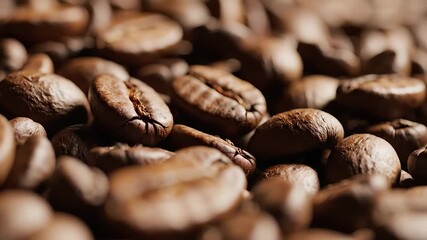 A captivating closeup shot revealing the rich texture and deep brown hues of freshly roasted coffee beans perfect for brewing a delicious morning beverage or an energizing espresso showcasing the int.