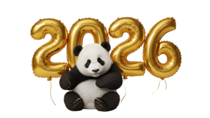 Adorable panda mascot celebrating New Year 2026 with realistic gold foil balloon numbers isolated PNG with Transparent Background