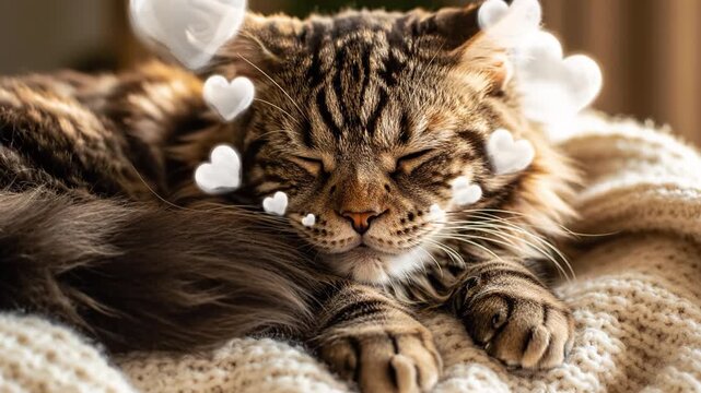 Sleeping tabby cat on cozy blanket with heart bokeh, longhair pet portrait close up showing soft fur, relaxed paws and whisker detail, indoor warm light, serene feline calm relaxed posture