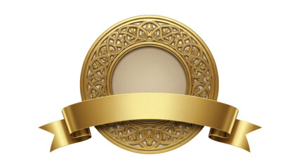 Golden ornate round frame with ribbon isolated PNG, decorative badge element for awards and certificates on transparent background