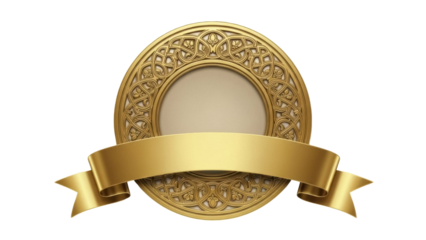Golden ornate round frame with ribbon isolated PNG, decorative badge element for awards and certificates on transparent background