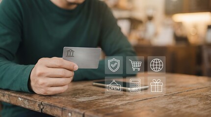 Man holding credit card with digital shopping icons for online payment.