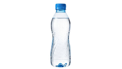 Clear plastic water bottle isolated PNG, refreshing drink container with blue cap on transparent...