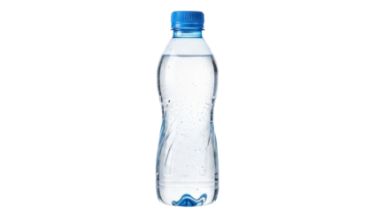 Clear plastic water bottle isolated PNG, refreshing drink container with blue cap on transparent background, hydration and beverage
