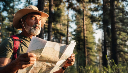 Bearded senior hiker reading a map while exploring a sunny pine forest