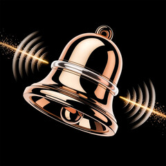 notification bell 3d rose gold and silver ringing with sound waves on black background