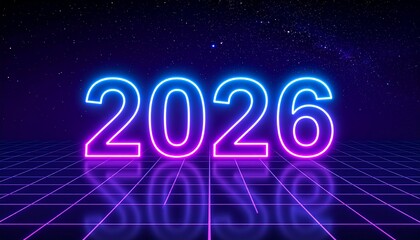 Colorful neon New Year numbers glowing at night with stars and festive decorations for a holiday celebration card