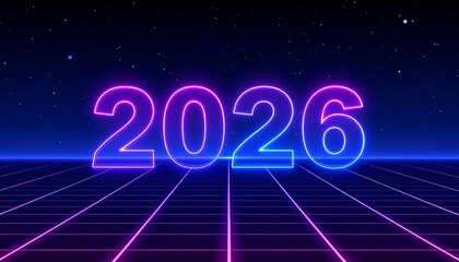 Festive New Year celebration image with glowing 3D year numbers, stars, and holiday decorations at night