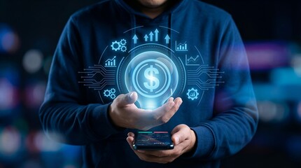 Man Holding Futuristic Holographic Financial Technology Display with Dollar Sign.