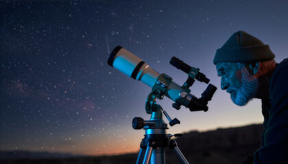 Senior man stargazing with telescope under a starry night sky