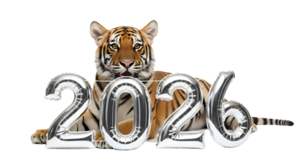 Young tiger lying with silver 2026 foil balloons for calendar design or New Year greeting card isolated PNG with Transparent Background