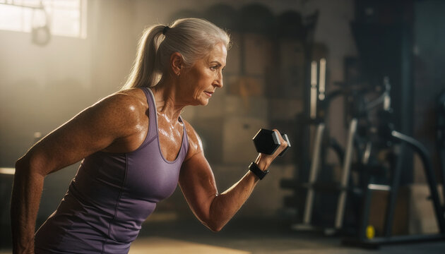 Strong senior woman lifting a dumbbell during an intense gym workout