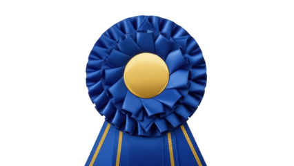 Blue rosette ribbon isolated PNG on transparent background, award badge with gold center for recognition and achievement