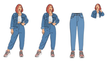 Illustration of a young woman in different poses wearing a denim outfit and sneakers