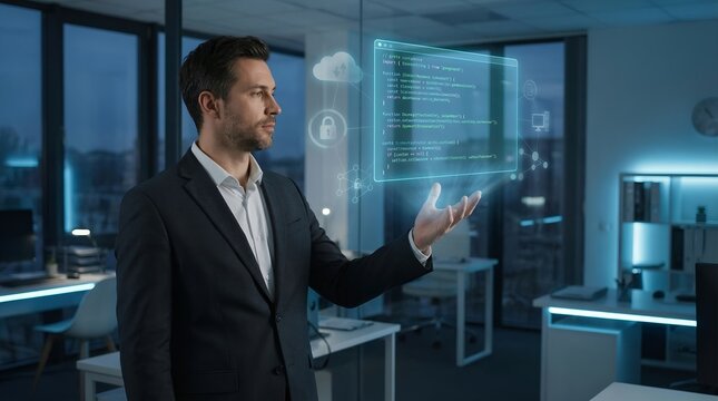 Man in Suit Interacting with Futuristic Holographic Display in Modern Office. - Powered by Adobe