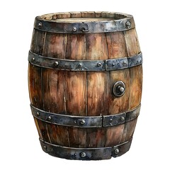 Obraz premium Watercolor painting of a rustic wooden barrel with metal hoops