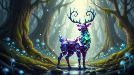 Vibrant crystal deer with glowing gem body and luminous antlers stands in a mystical enchanted forest, surrounded by glowing mushrooms and ancient trees.