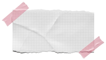 Torn piece of squared paper with tape PNG isolated on transparent background, crumpled notebook sheet for notes and reminders