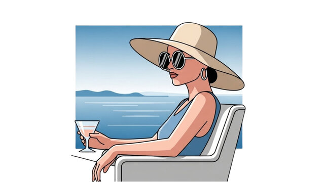 Woman relaxing on a chair by the ocean with a refreshing drink