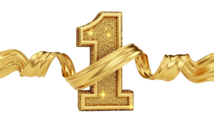Golden glitter number one with ribbon isolated PNG on transparent background, luxury first place award or birthday design element
