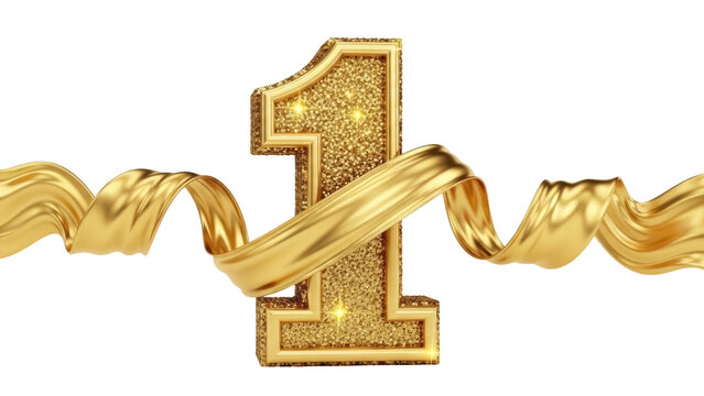 Golden glitter number one with ribbon isolated PNG on transparent background, luxury first place award or birthday design element