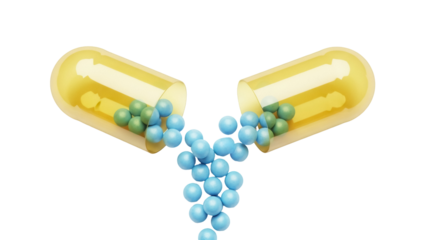 Open yellow capsule with blue and green pills isolated PNG, medicine and healthcare concept on transparent background