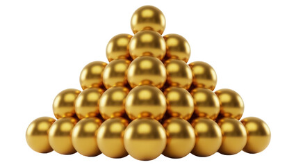 Golden pyramid of spheres PNG isolated on transparent background, shiny metallic balls stacked in a triangle shape for decoration