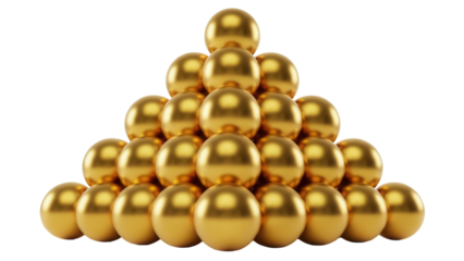 Golden pyramid of spheres PNG isolated on transparent background, shiny metallic balls stacked in a triangle shape for decoration