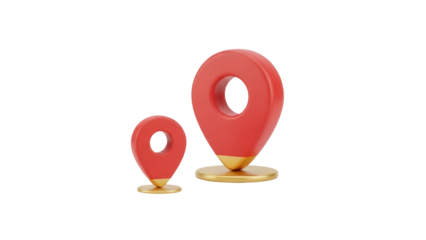 Two red location pin pointers isolated PNG on transparent background, map marker icons for navigation and travel concepts