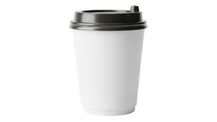 Blank paper coffee cup with black lid isolated PNG, disposable drink container for hot beverages on transparent background
