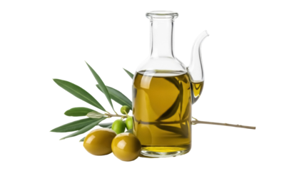 Olive oil in glass bottle isolated PNG, with green olives and leaves on transparent background, healthy cooking ingredient