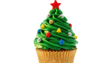 Christmas tree cupcake PNG isolated on transparent background, festive dessert with green frosting and star topper for holiday designs