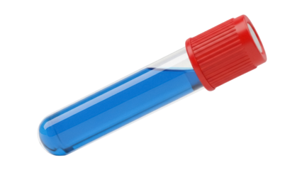 Test tube with blue liquid isolated PNG, laboratory glassware with red cap for scientific experiments and medical research