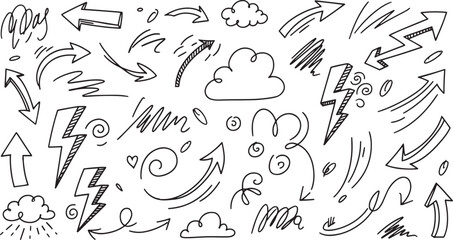 Hand drawn arrows lightning bolts and clouds doodle set Sketchy vector design elements collection