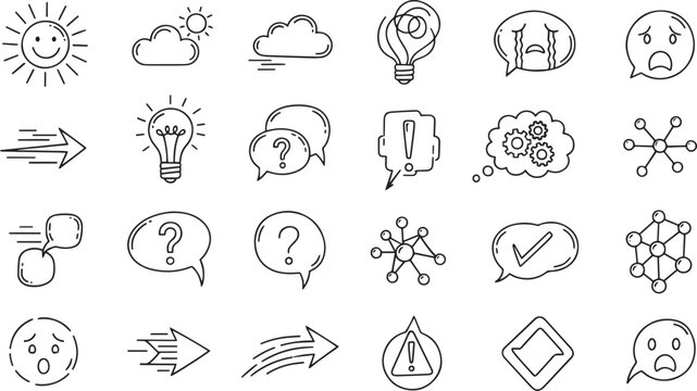 Hand drawn doodle icons set Business idea lightbulb speech bubbles emotions and arrows vector collection