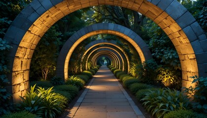 Tunnel Arch Garden Pathway Illuminated With Soft Decorative Lighting Ambience
