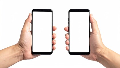 Two hands holding smartphones with blank screens, isolated on white (11)