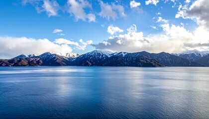Majestic mountain range reflected in the serene waters under a cloudy sky.
