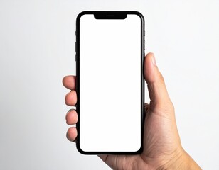 Hand holding a modern phone with a blank white screen, close up