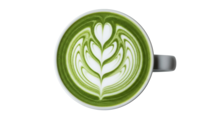 Matcha latte art in a cup isolated PNG on transparent background, green tea latte with heart design for cafe menu and beverage concepts