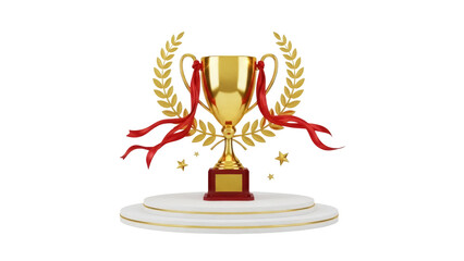 Golden trophy cup with red ribbons and laurel wreath isolated PNG, award prize for winner and...