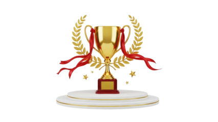 Golden trophy cup with red ribbons and laurel wreath isolated PNG, award prize for winner and champion on transparent background