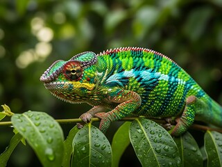 Obraz premium Vibrant Chameleon on Leafy Branch