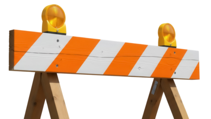 Orange and white striped road barrier PNG isolated on transparent background, construction site safety equipment for traffic control