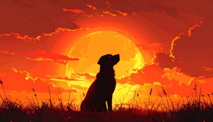 A silhouette of a dog gazing upward at a vibrant, fiery sunset